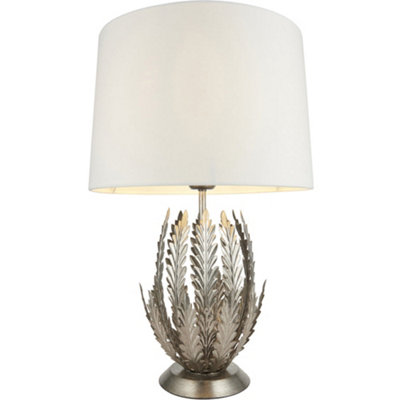 Ornate Silver Table Lamp Light Ivory Cotton Fabric Shade Decorative Leaf Design from B&Q