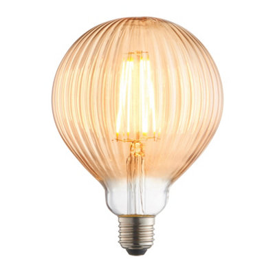 Led Filament Lamp Bulb Amber Tinted 4W E27 Led Ribbed Glass Gobe Warm White