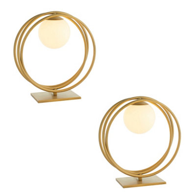 B&Q 2 Pack Brushed Table Lamp - Gloss Opal Glass Shade - Circular Hoop Design Gold