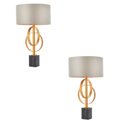 2 Pack Antique Gold Table Lamp & Mink Satin ShadeBlack Marble Base Desk Light from B&Q