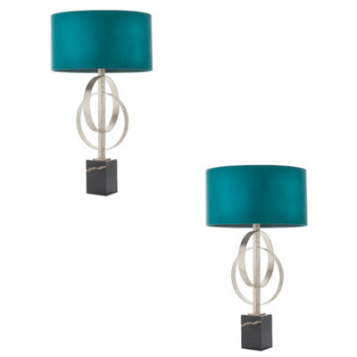  - 2 Pack Antique Silver Table Lamp & Teal Satin Shade Black Marble Base Desk Light