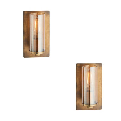 2 Pack Antique Brass Patina Wall Lamp Light & Champagne Glass Shade 10W E27 Led from B&Q