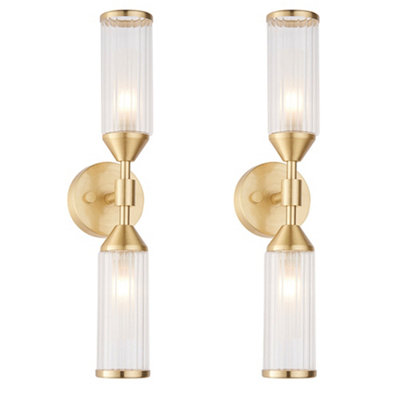 2 Pack Satin Brass Twin Wall Light & Ribbed Glass Shades Frosted Glass Defusers from B&Q