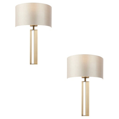 2 Pack Antique Brass Slotted Wall Light & Mink Satin Half ShadeDimmable from B&Q