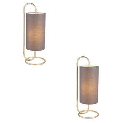  - 2 Pack Modern Antique Brass Oval Table Lamp Desk Light & Grey Fabric Shade