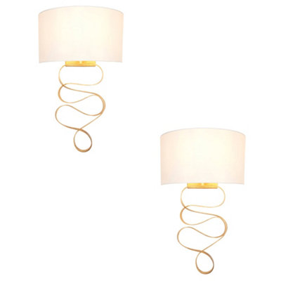 2 Pack Hammered Gold Leaf Ribbon Wall Light & Ivory Half ShadeDimmable from B&Q