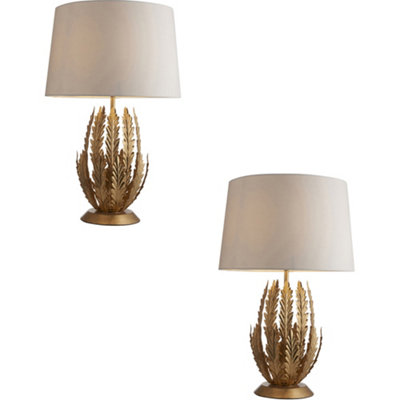 2 Pack Ornate Gold Table Lamp & Ivory Cotton Fabric Shade Decorative Leaf Design from B&Q