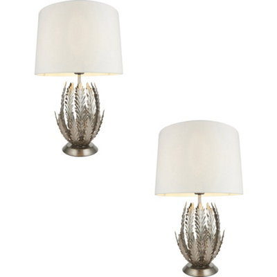 2 Pack Ornate Silver Table Lamp Ivory Cotton Fabric Shade Decorative Leaf Design from B&Q