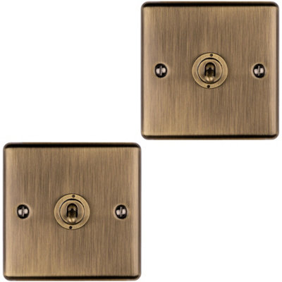 B&Q -  2 Pack 1 Gang Single Retro Toggle Light Switch Antique Brass 10A 2 Way Plate