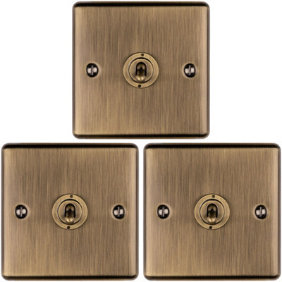 B&Q -  3 Pack 1 Gang Single Retro Toggle Light Switch Antique Brass 10A 2 Way Plate