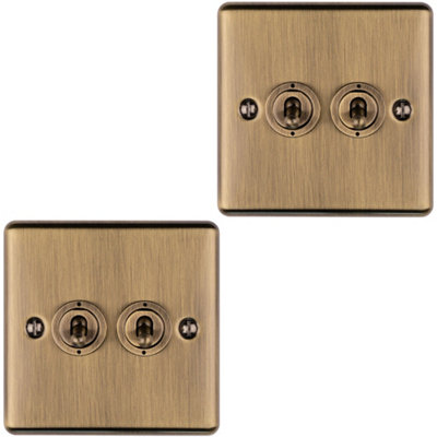 Loops 2 Pack 2 Gang Double Retro Toggle Switch Antique Brass 10A 2 Way Plate Light