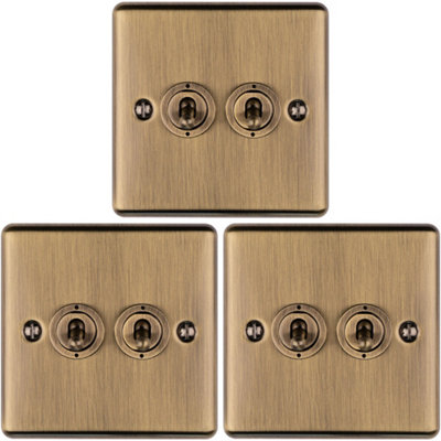 B&Q -  3 Pack 2 Gang Double Retro Toggle Light Switch Antique Brass 10A 2 Way Plate