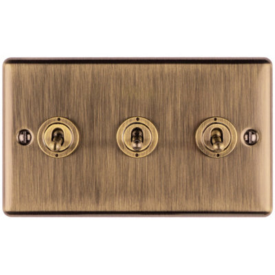 Loops 3 Gang Triple Retro Toggle Switch Antique Brass 10A 2 Way Lever Plate Light