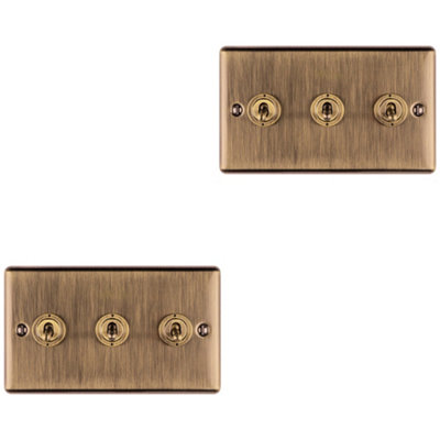Loops 2 Pack 3 Gang Triple Retro Toggle Switch Antique Brass 10A 2 Way Plate Light