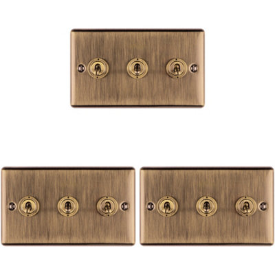 B&Q -  3 Pack 3 Gang Triple Retro Toggle Light Switch Antique Brass 10A 2 Way Plate
