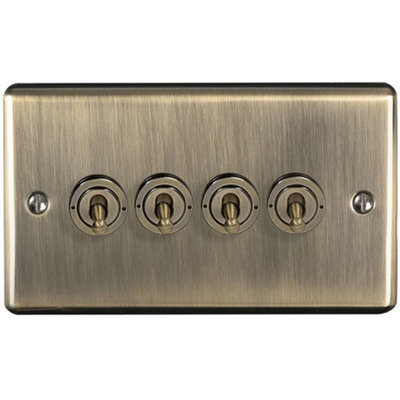 B&Q -  4 Gang Quad Retro Toggle Light Switch Antique Brass 10A 2 Way Lever Plate