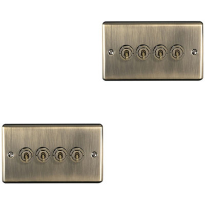 B&Q -  2 Pack 4 Gang Quad Retro Toggle Light Switch Antique Brass 10A 2 Way Plate