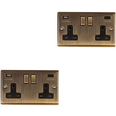 Loops 2 Pack 2 Gang Double Uk Plug Socket & Dual 3.1A Usb-C Antique Brass 13A Switched
