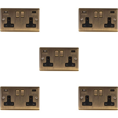 B&Q -  5 Pack 2 Gang Double Uk Plug Socket & Dual 3.1A Usb-C Antique Brass 13A Switched