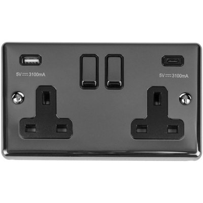 B&Q -  2 Gang Double Uk Plug Socket & Dual 3.1A Usb-C Usb-A Black Nickel 13A Switched