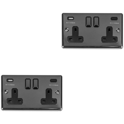 Loops 2 Pack 2 Gang Double Uk Plug Socket & Dual 3.1A Usb-C Nickel 13A Switched Black