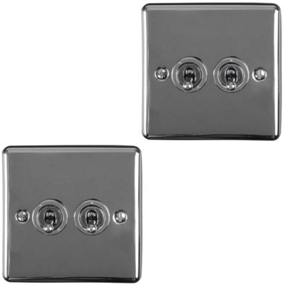 Loops 2 Pack 2 Gang Double Retro Toggle Switch Nickel 10A 2 Way Plate Light/Black