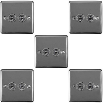 B&Q -  5 Pack 2 Gang Double Retro Toggle Light Switch Black Nickel 10A 2 Way Plate