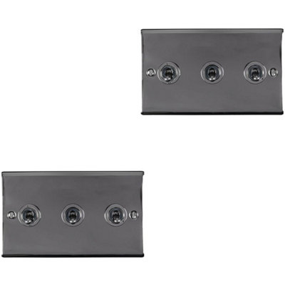 B&Q -  2 Pack 3 Gang Triple Retro Toggle Light Switch Black Nickel 10A 2 Way Plate