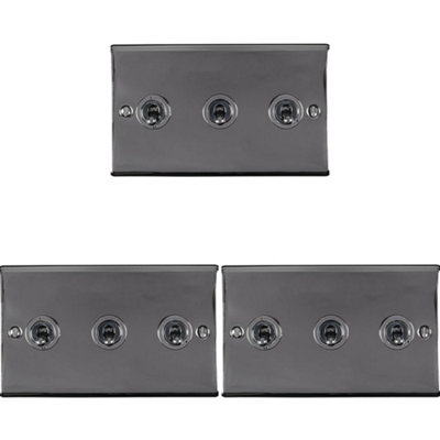 Loops 3 Pack 3 Gang Triple Retro Toggle Switch Nickel 10A 2 Way Plate Light/Black