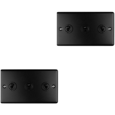 B&Q -  2 Pack 3 Gang Triple Retro Toggle Light Switch Matt Black 10A 2 Way Plate