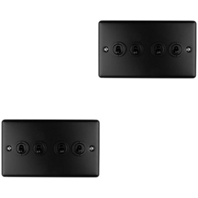 B&Q -  2 Pack 4 Gang Quad Retro Toggle Light Switch Matt Black 10A 2 Way Plate