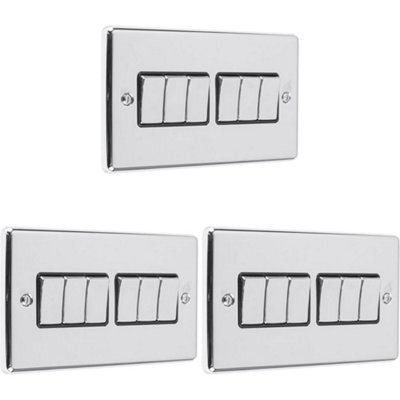 B&Q -  3 Pack 6 Gang Multi Light Switch Polished Chrome & Black 2 Way 10A Metal Rocker