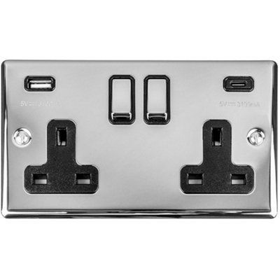 B&Q -  2 Gang Double Uk Plug Socket & Dual 3.1A Usb-C & A Polished Chrome 13A Switched