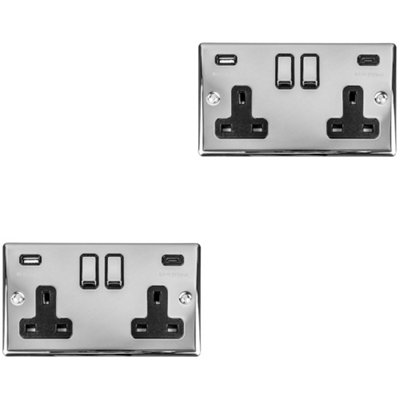 Loops 2 Pack 2 Gang Double Uk Plug Socket & Dual 3.1A Usb-C & A Chrome 13A Switched