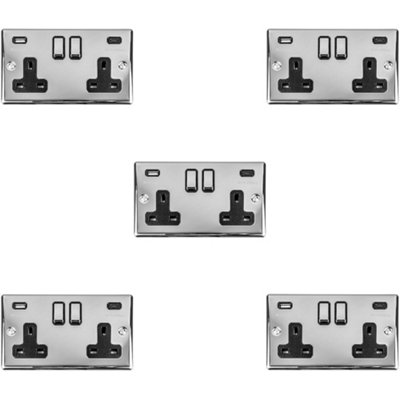 B&Q -  5 Pack 2 Gang Double Uk Plug Socket & Dual 3.1A Usb-C & A Chrome 13A Switched