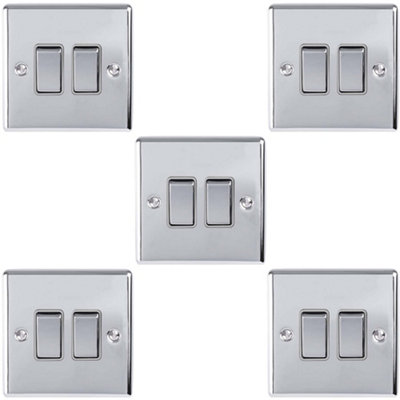 B&Q -  5 Pack 2 Gang Double Metal Light Switch Polished Chrome 2 Way 10A Grey Trim