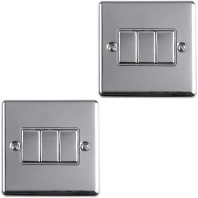 Loops 2 Pack 3 Gang Triple Metal Switch Polished Chrome 2 Way 10A Trim Light/Grey