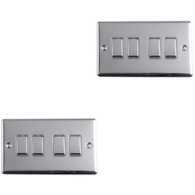 B&Q -  2 Pack 4 Gang Quad Metal Light Switch Polished Chrome 2 Way 10A Grey Trim