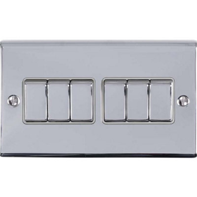 B&Q -  6 Gang Multi Light Switch Polished Chrome 2 Way 10A Grey Trim & Metal Rocker