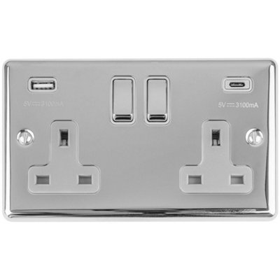Loops 2 Gang Double Uk Plug Socket & Dual 3.1A Usb-C & A Chrome & 13A Switched Grey