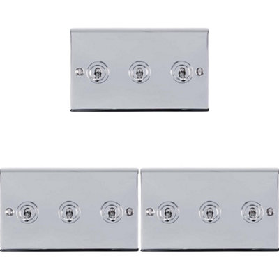 Loops 3 Pack 3 Gang Triple Retro Toggle Light Switch Polished Chrome 10A 2 Way Plate