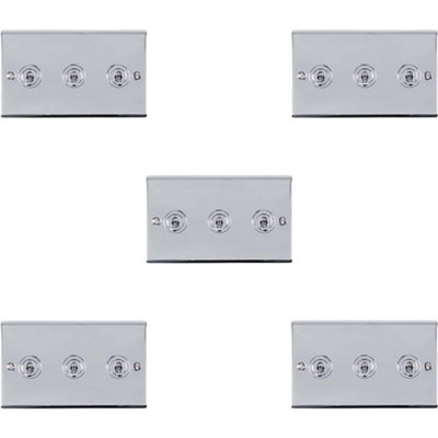 B&Q -  5 Pack 3 Gang Triple Retro Toggle Light Switch Polished Chrome 10A 2 Way Plate