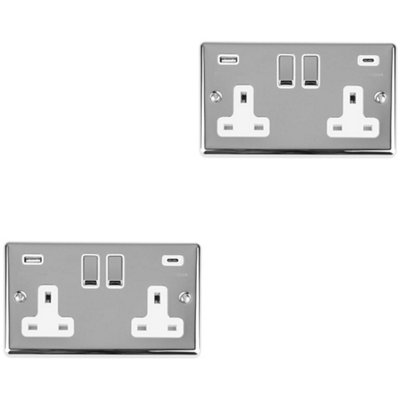Loops 2 Pack 2 Gang Uk Plug Socket & Dual 3.1A Usb-C & A Chrome & 13A Switched White