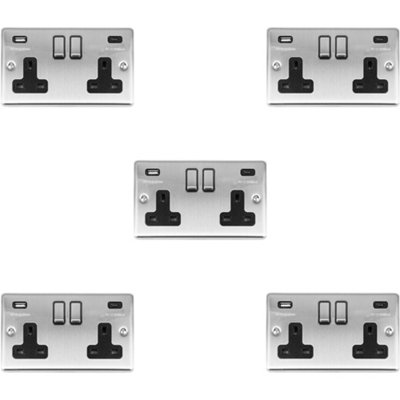 B&Q -  5 Pack 2 Gang Uk Plug Socket & 2X 3.1A Usb-C & A Satin Steel & Black 13A Switch