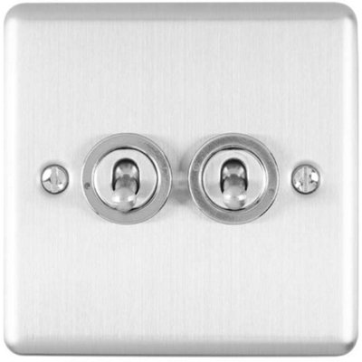 B&Q -  2 Gang Double Retro Toggle Light Switch Satin Steel 10A 2 Way Lever Wall Plate