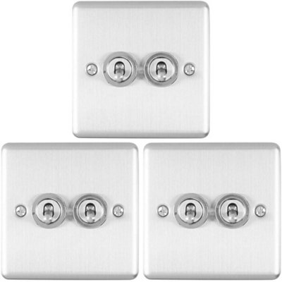 B&Q -  3 Pack 2 Gang Double Retro Toggle Light Switch Satin Steel 10A 2 Way Wall Plate