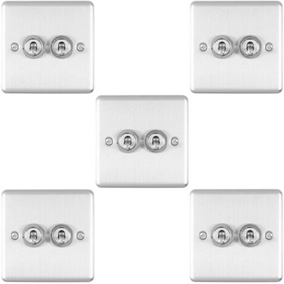B&Q -  5 Pack 2 Gang Double Retro Toggle Light Switch Satin Steel 10A 2 Way Wall Plate