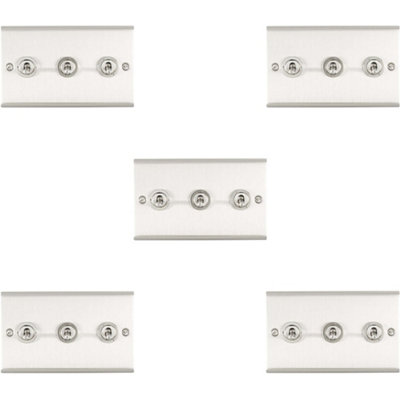 B&Q -  5 Pack 3 Gang Triple Retro Toggle Light Switch Satin Steel 10A 2 Way Wall Plate