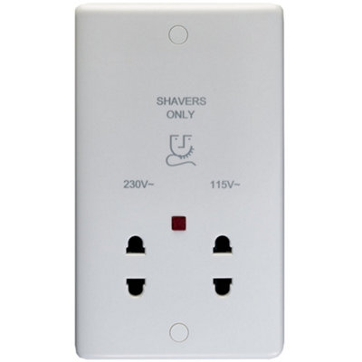 B&Q -  230V & 115V Twin Shaver Socket Wall Plate White Plastic Bathroom 86mm X 146mm