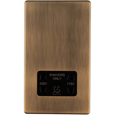 Loops 230V & 115V Twin Shaver Socket Wall Plate Screwless Antique Brass Bathroom